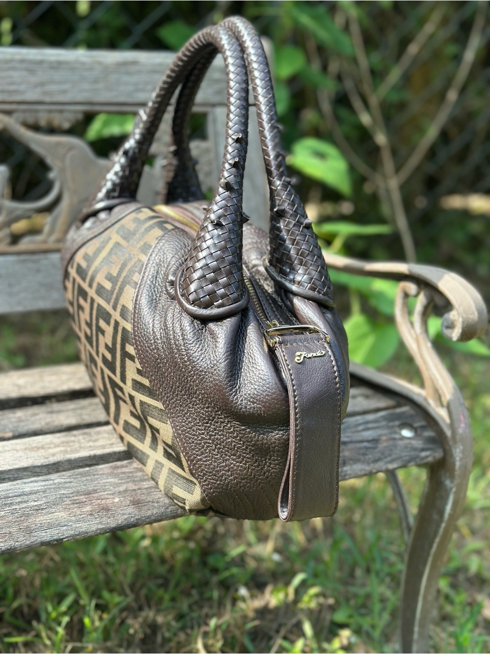Fendi Brown FF Canvas Hobo with Braided Leather Handles